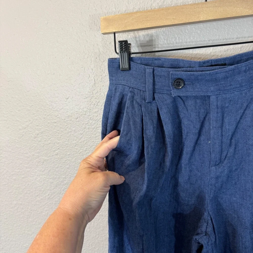 Banana Republic Petite Sz 2 Blue Herringbone Linen Blend Pleated Wide Leg Pants